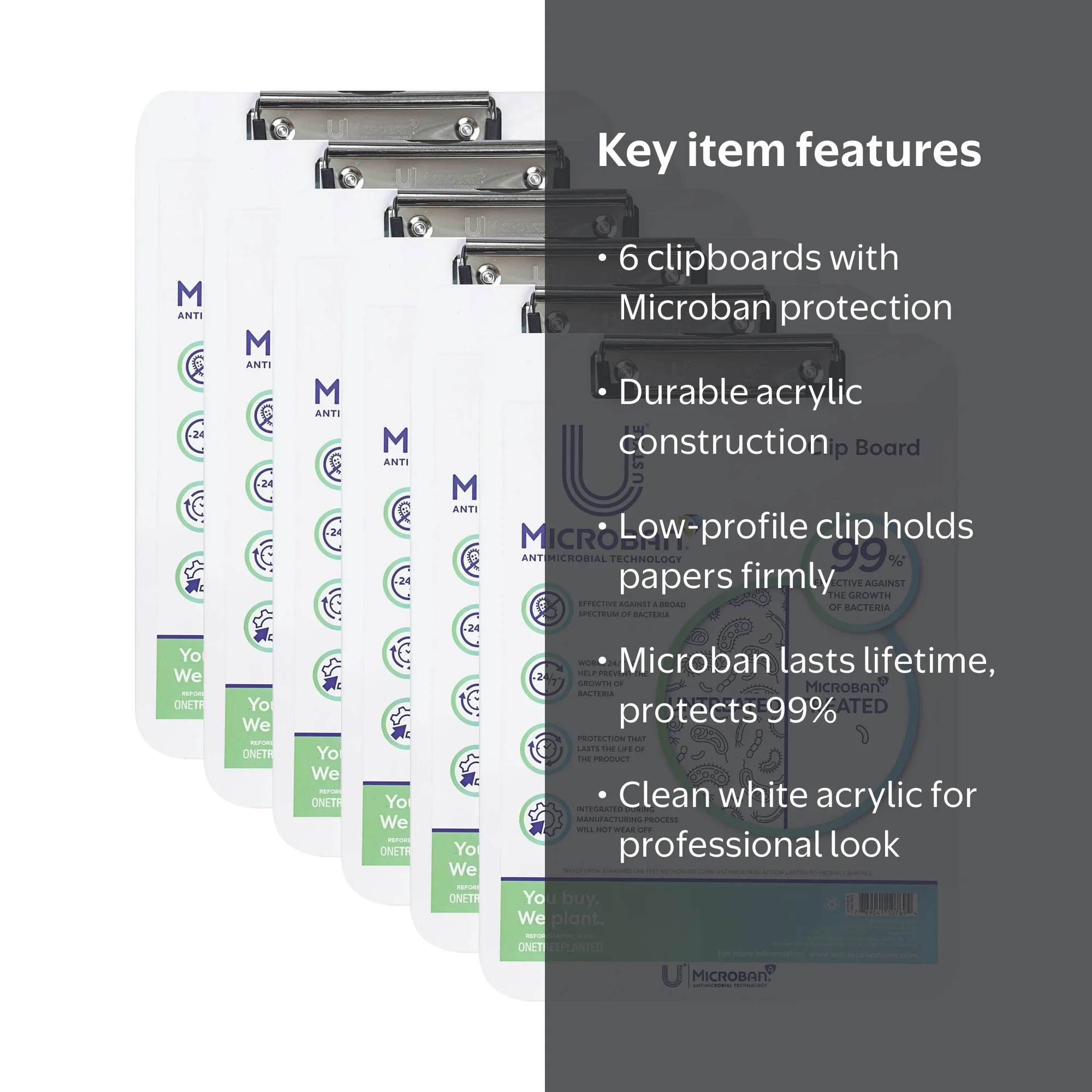 U Style 6pk Antimicrobial Acrylic Clipboard with Microban ®, Low