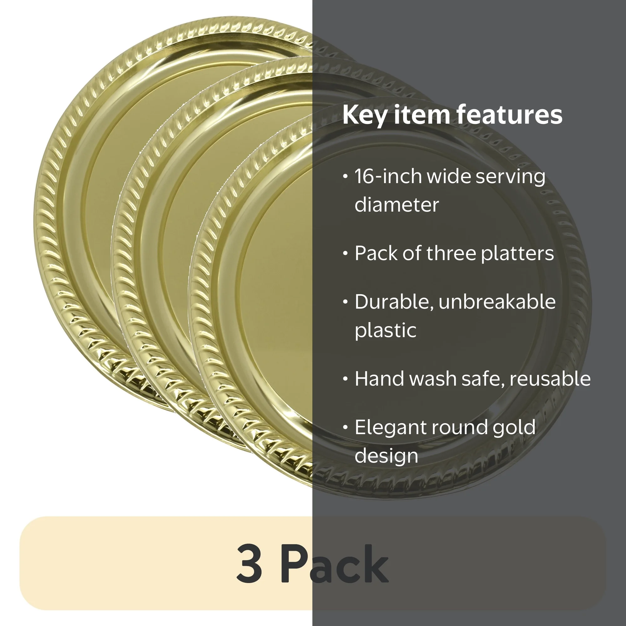 3 pack) (3 pack) 16-in Plastic Round Gold Serving Platter, Party Tableware, Way to Celebrate