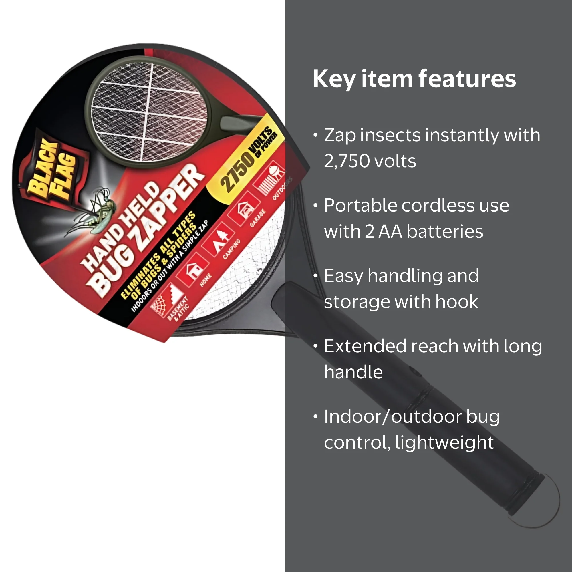 Black Flag Handheld Electric Insect Zapper Racket with Power Light