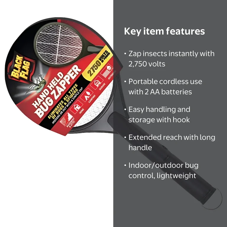 Black Flag Handheld Electric Insect Zapper Racket with Power Light