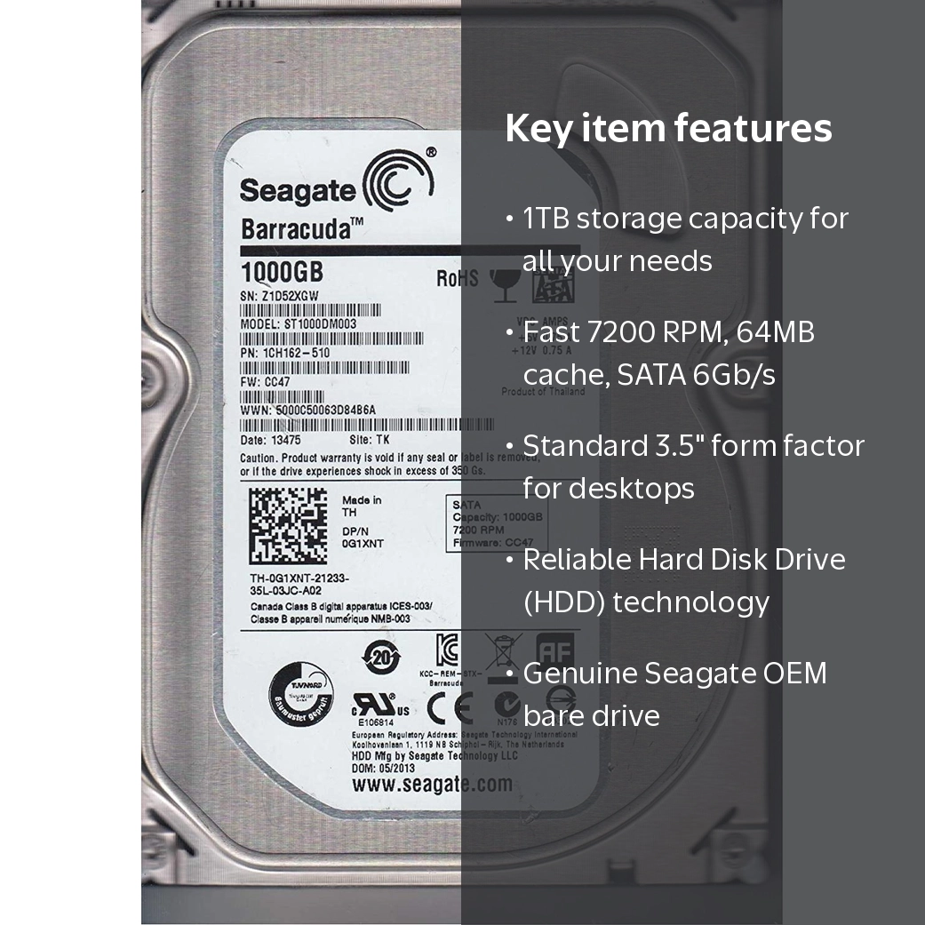 Seagate 1TB HDD Hard Drive, 7200RPM, 64MB Cache, SATA 6.0GB/S, 3.5