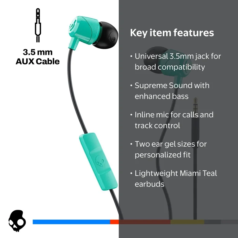 Skullcandy, Earbuds, Jib XT Wired, Miami Teal, Noise Isolating Fit