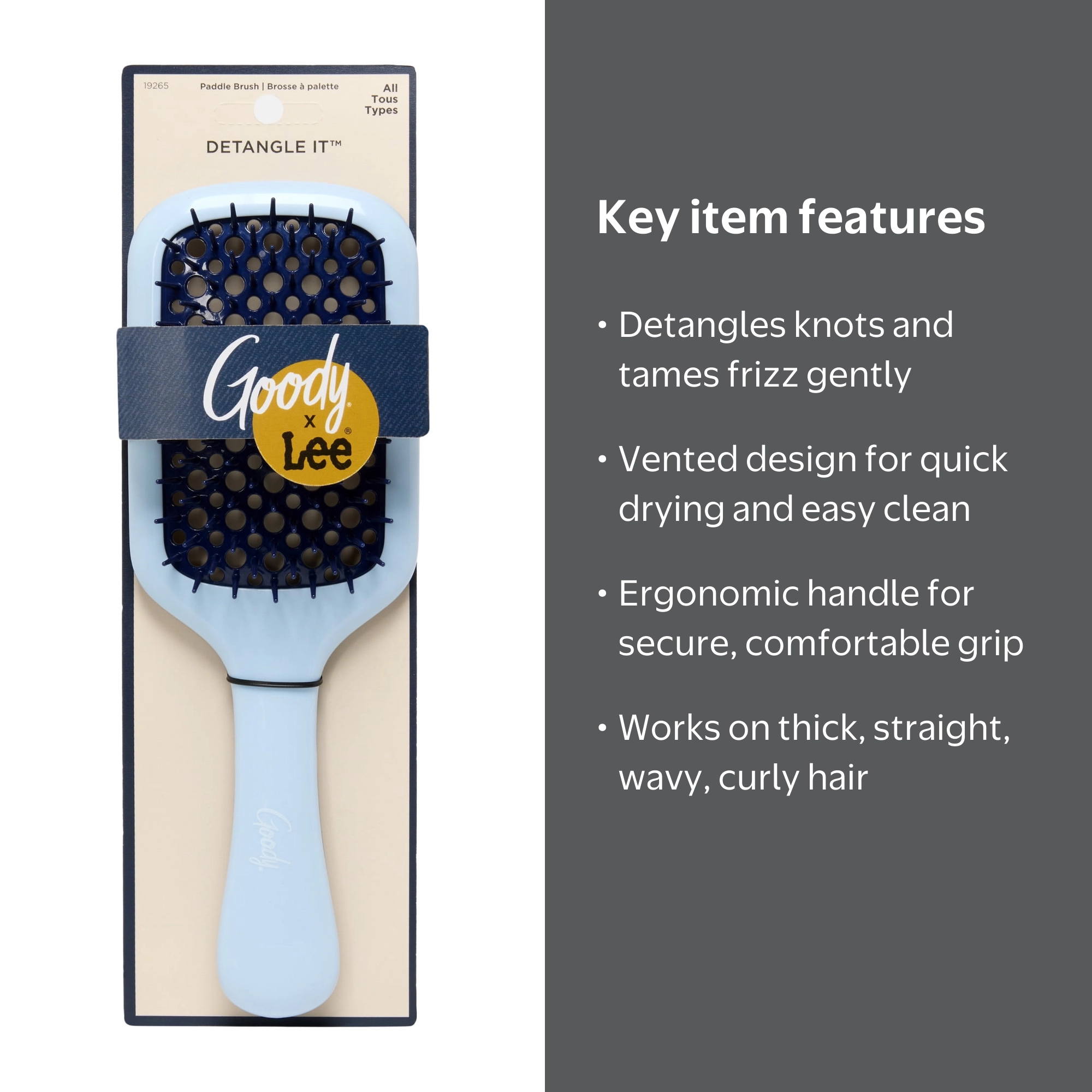 Goody x Lee Paddle Hairbrush, Detangling, No-Snag, Vented Design