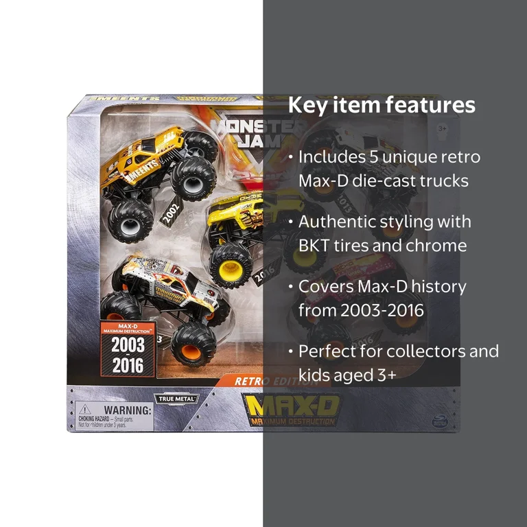 Free Shipping! Monster Jam Retro Max-D 5-Pack 1:64 Scale Die-Cast