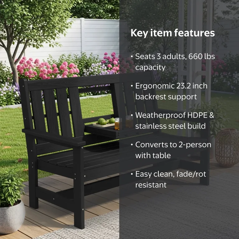 SERWALL Outdoor Bench, 3-Person, 58 Inch, All-Weather HDPE, Cup