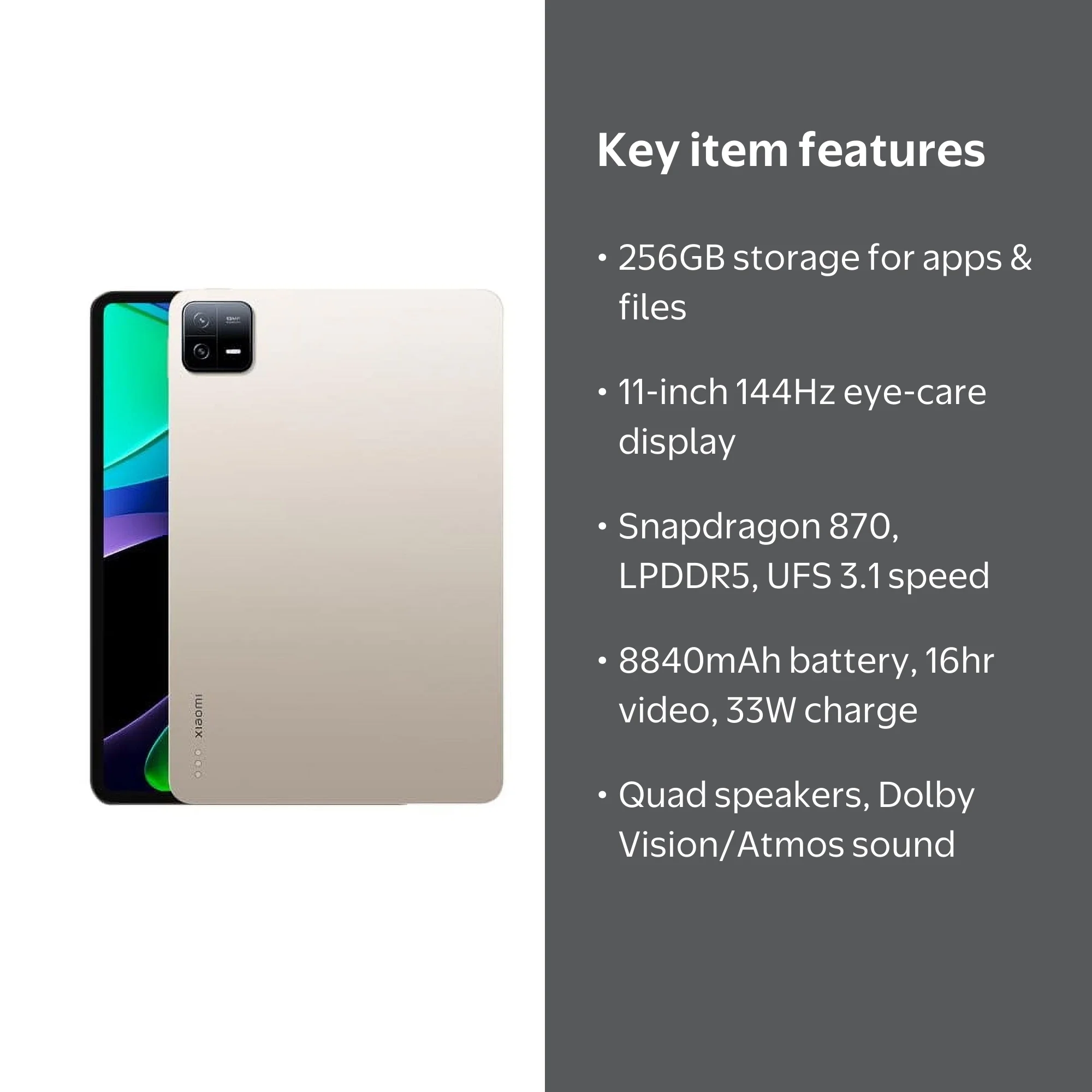 Xiaomi Pad 6, 11-Inch, 144Hz, WiFi, 13MP Camera, 256GB+8GB, Dolby