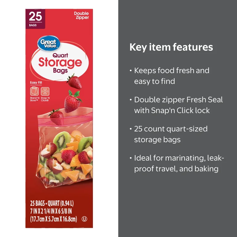 Great Value Fresh Seal Quart Storage Double Zipper Bags, 25 Count