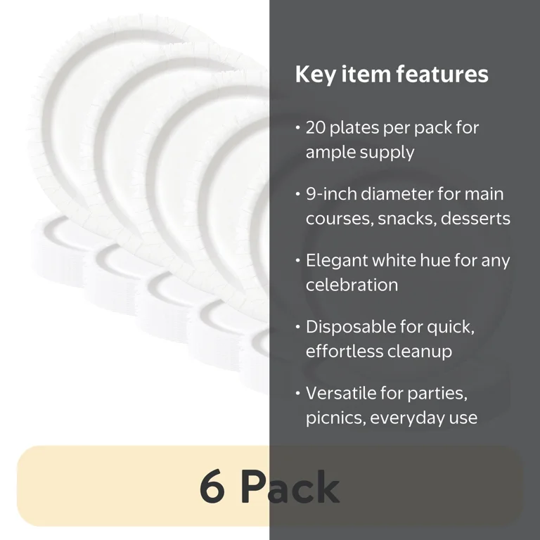 6 pack) 20 Count 9IN White Dessert Paper Plates by Way To