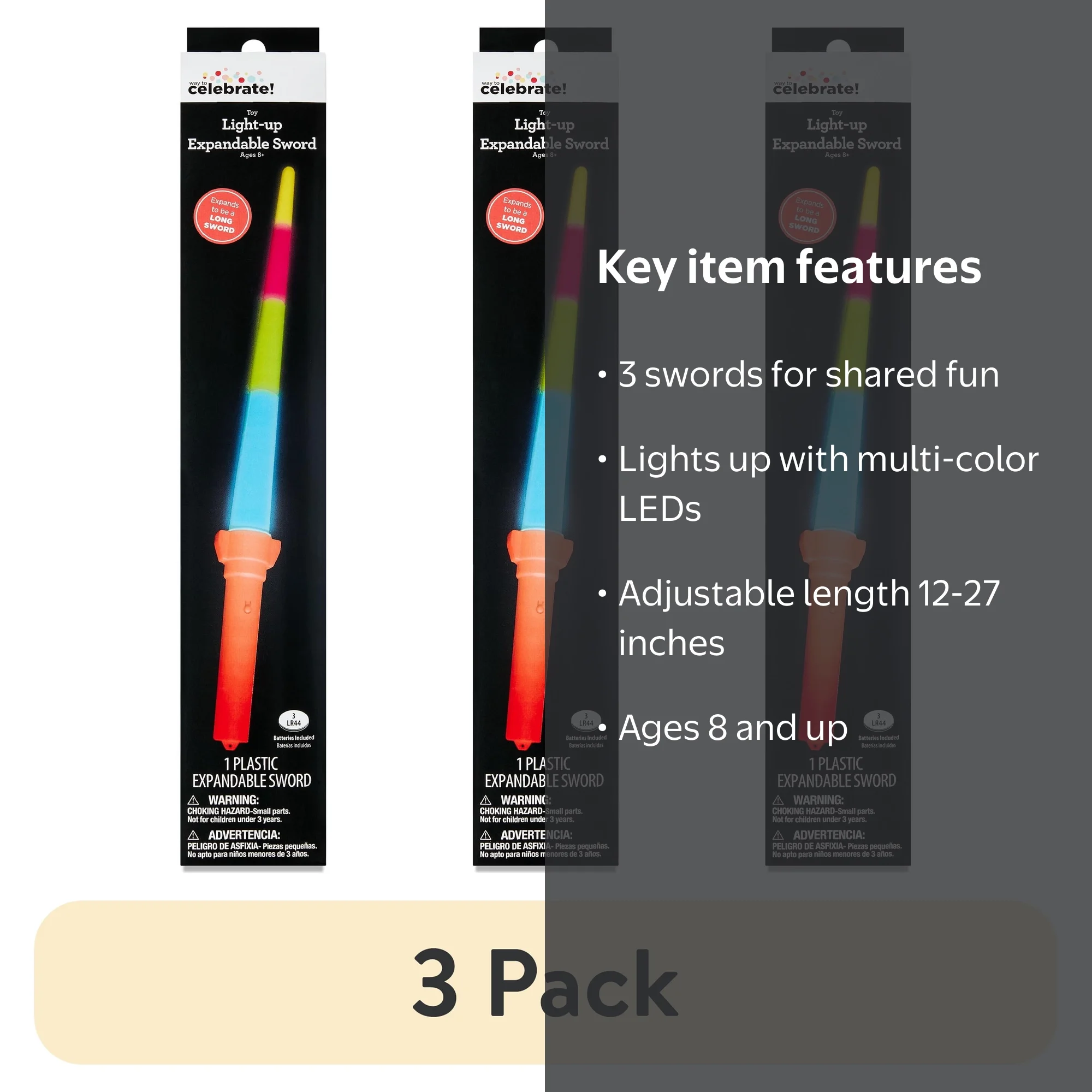 3 pack) Multicolor Light-Up Expandable Sword, by Way To Celebrate