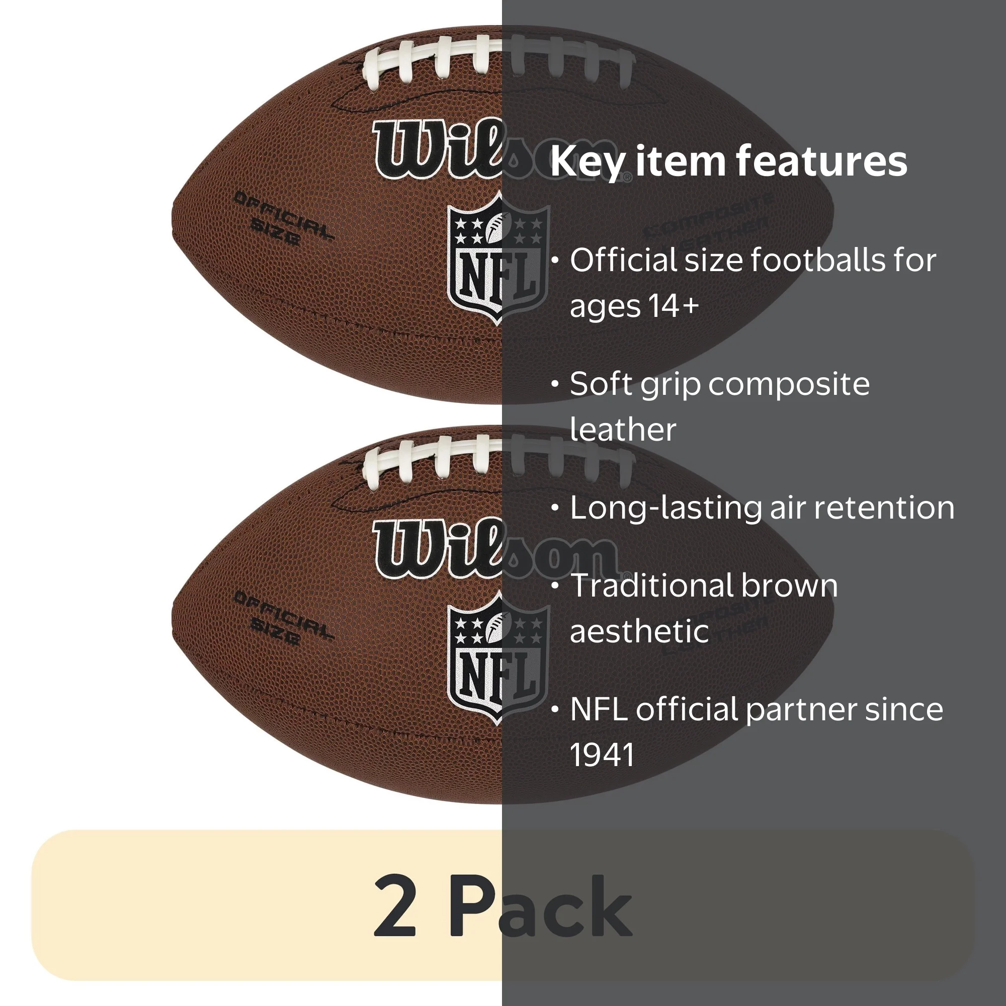 Free Shipping! Wilson NFL Official Size Composite Football 2 Pack