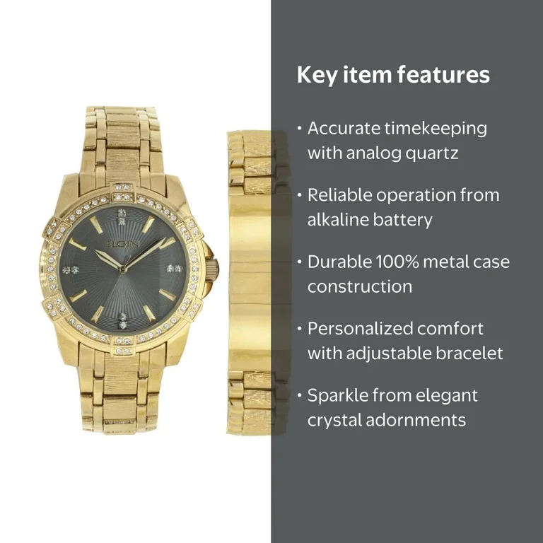 Elgin Gold Analog Wristwatch & Bracelet Set with Crystals, Men's