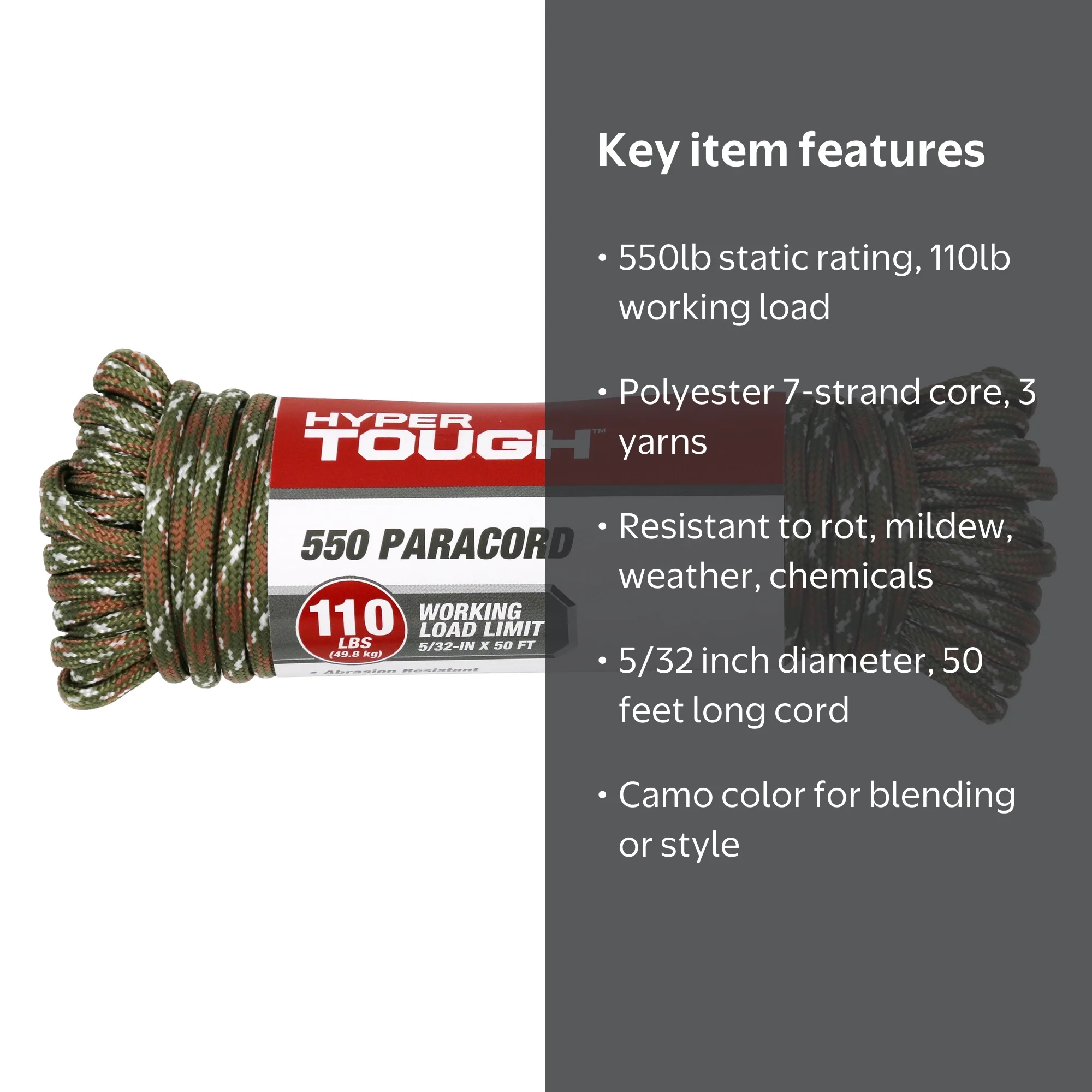 Hyper Tough 5/32 inch x 50 ft 550 Paracord Camo Polyester Heavy