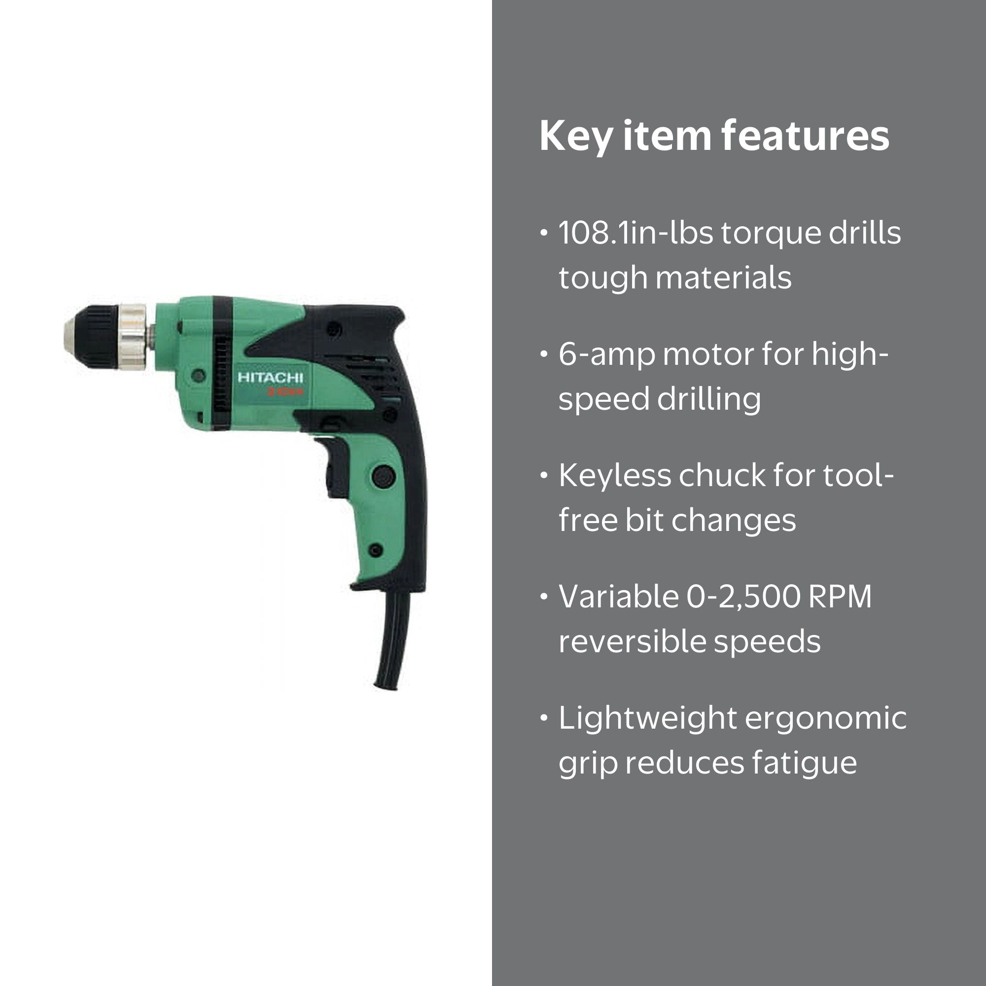 Hitachi D10VH 6.0-Amp 3/8 in. Corded Variable Speed Drill