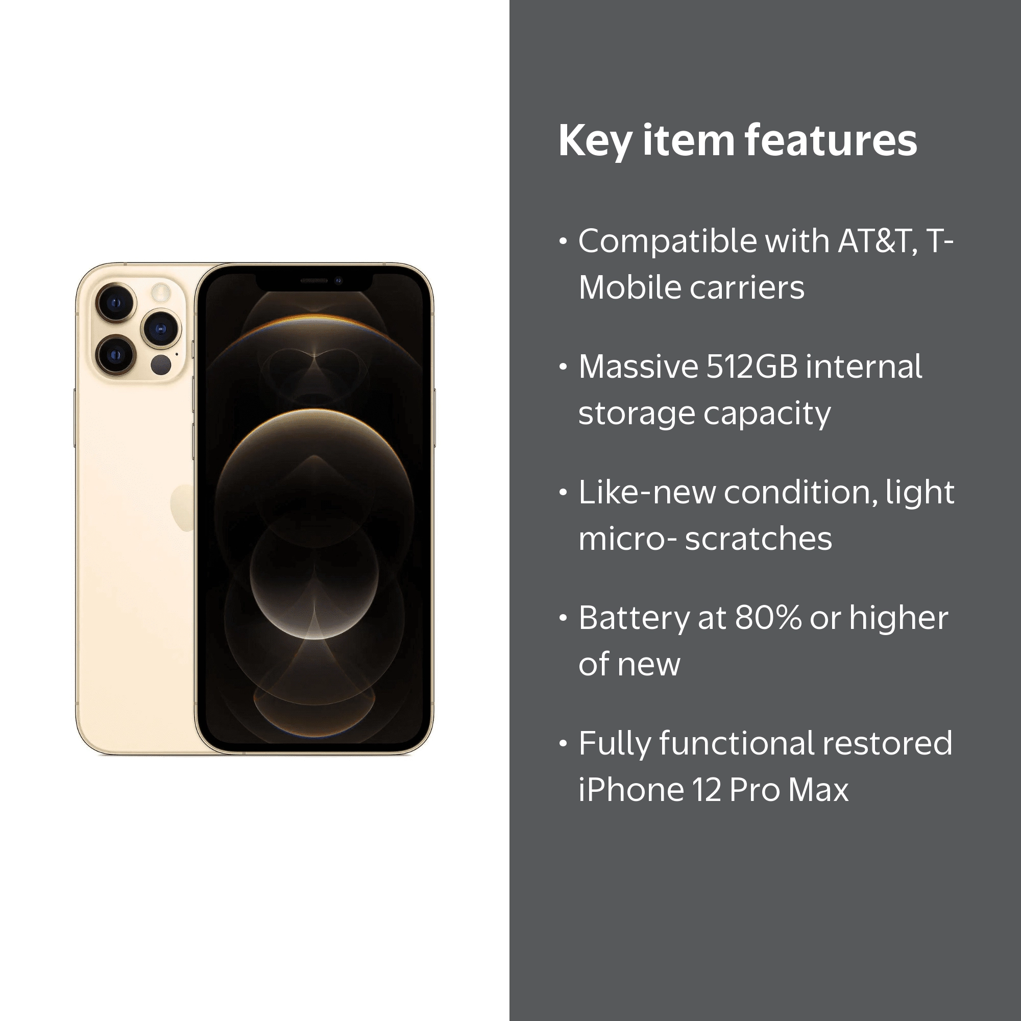 Apple iPhone 12 Pro Max, Refurbished, Fully Unlocked, 512GB, Gold