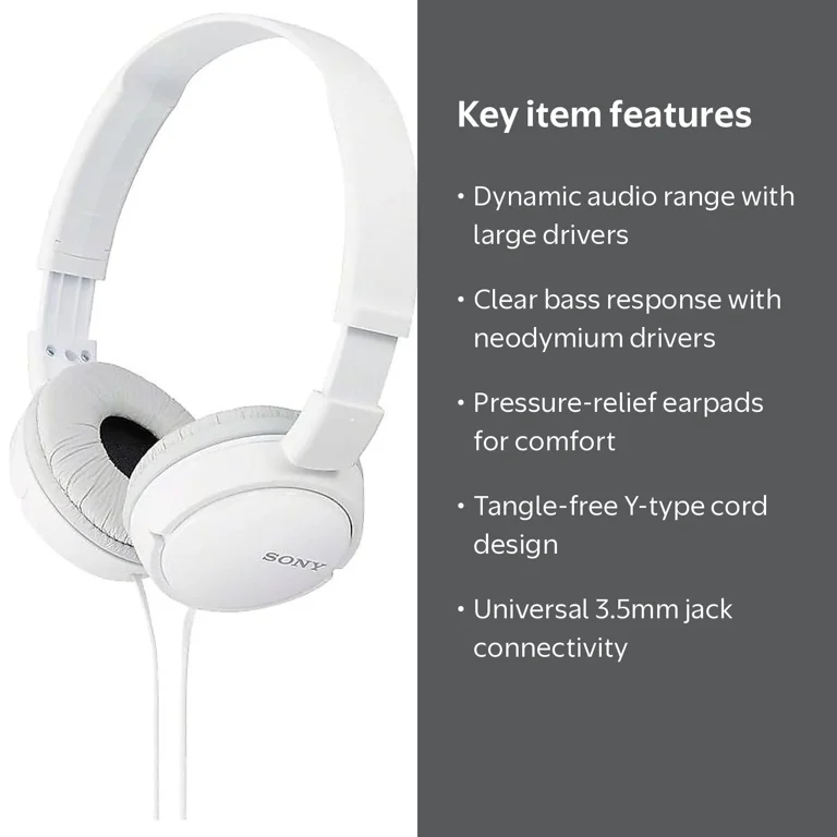 Sony MDR-ZX100/WHI ZX Series Headphones, Full Size, Wired, 3.5 mm