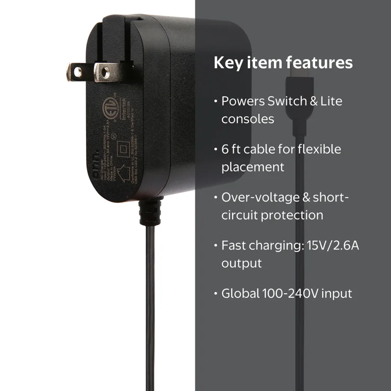 onn. AC Power Adapter for Nintendo Switch & Switch Lite Cable, 6