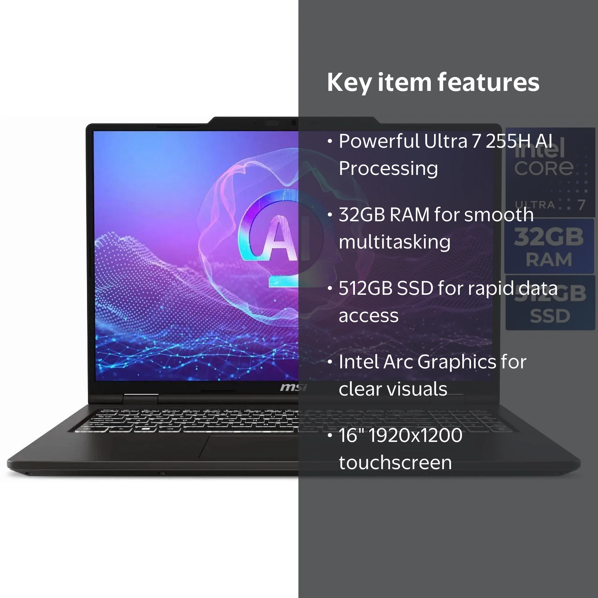 MSI Venture 16 AI TouchScreen Laptop Intel Core Ultra 7 255H 32GB