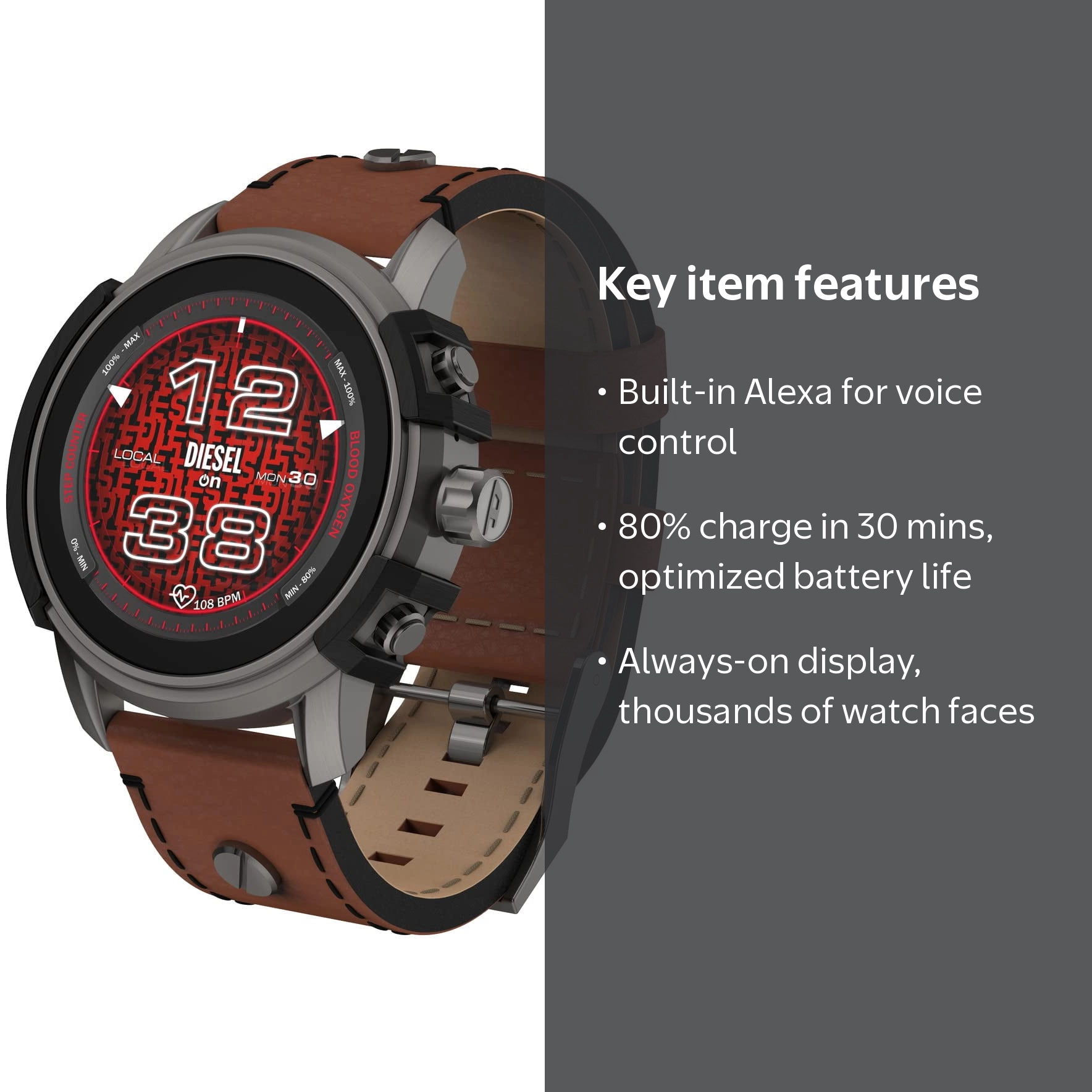 Diesel DZT2043 Griffed Gen 6 Brown Leather Strap Mens Alexa GPS