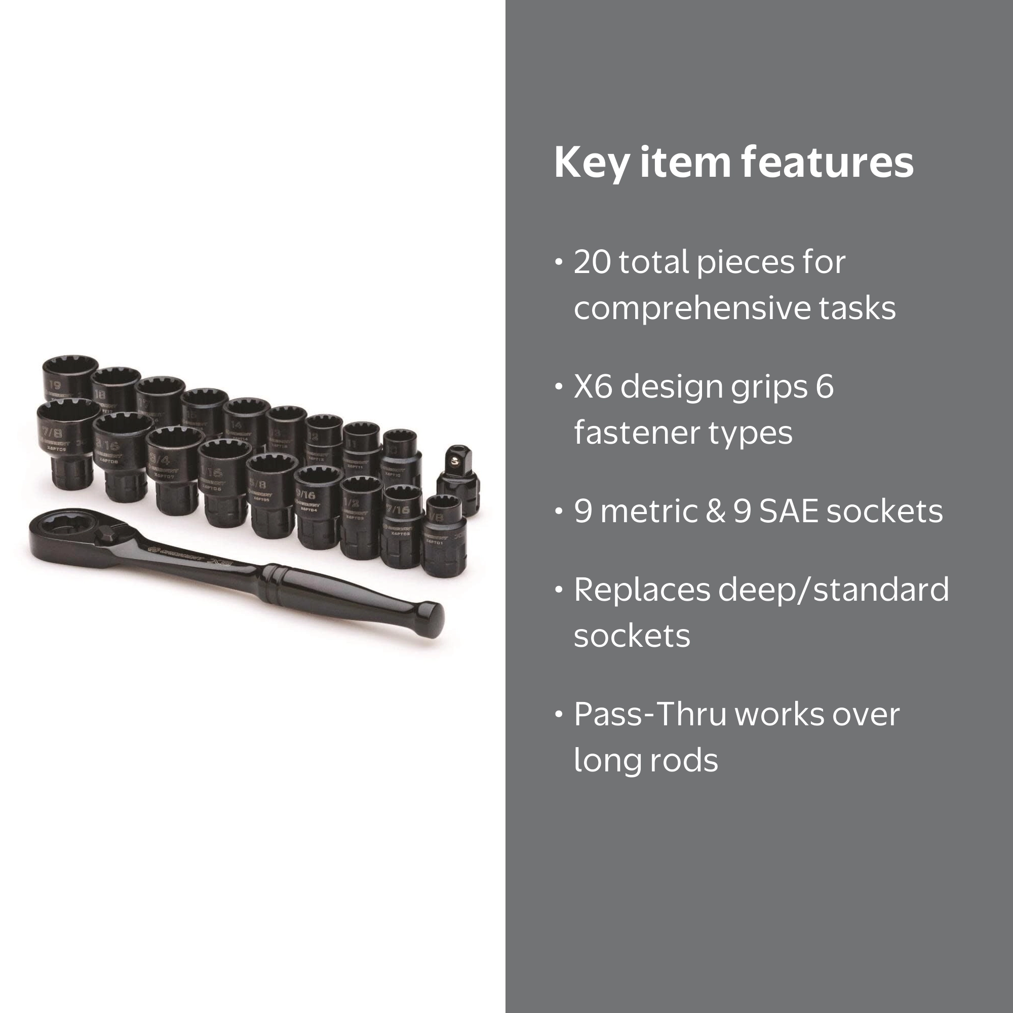 Crescent X6 Pass-Through Ratchet and Socket Set, 20-Piece