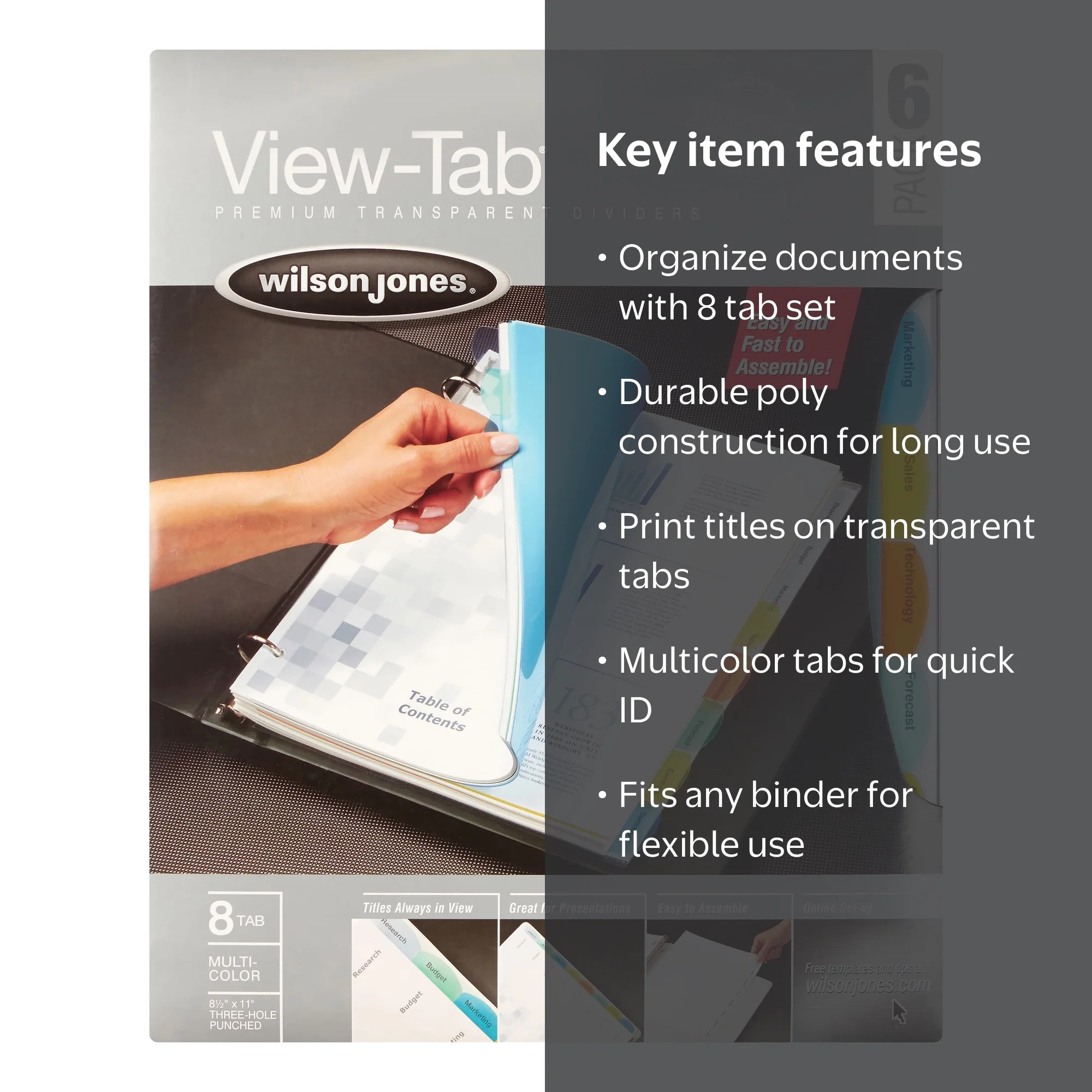 Wilson Jones View-Tab Transparent Dividers, 8-Tab Set, Multicolor