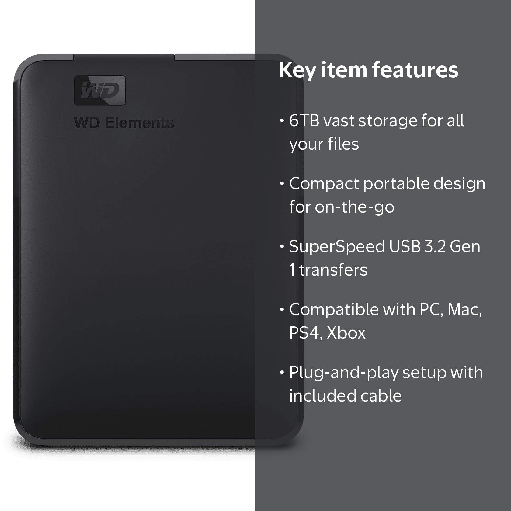 WD, 6TB External Hard Drive, USB 3.2 Gen 1, Compatible with PC