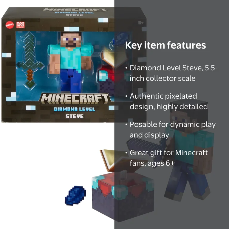 Minecraft Diamond Level Steve Action Figure, 3 Accessories, 5.5-in