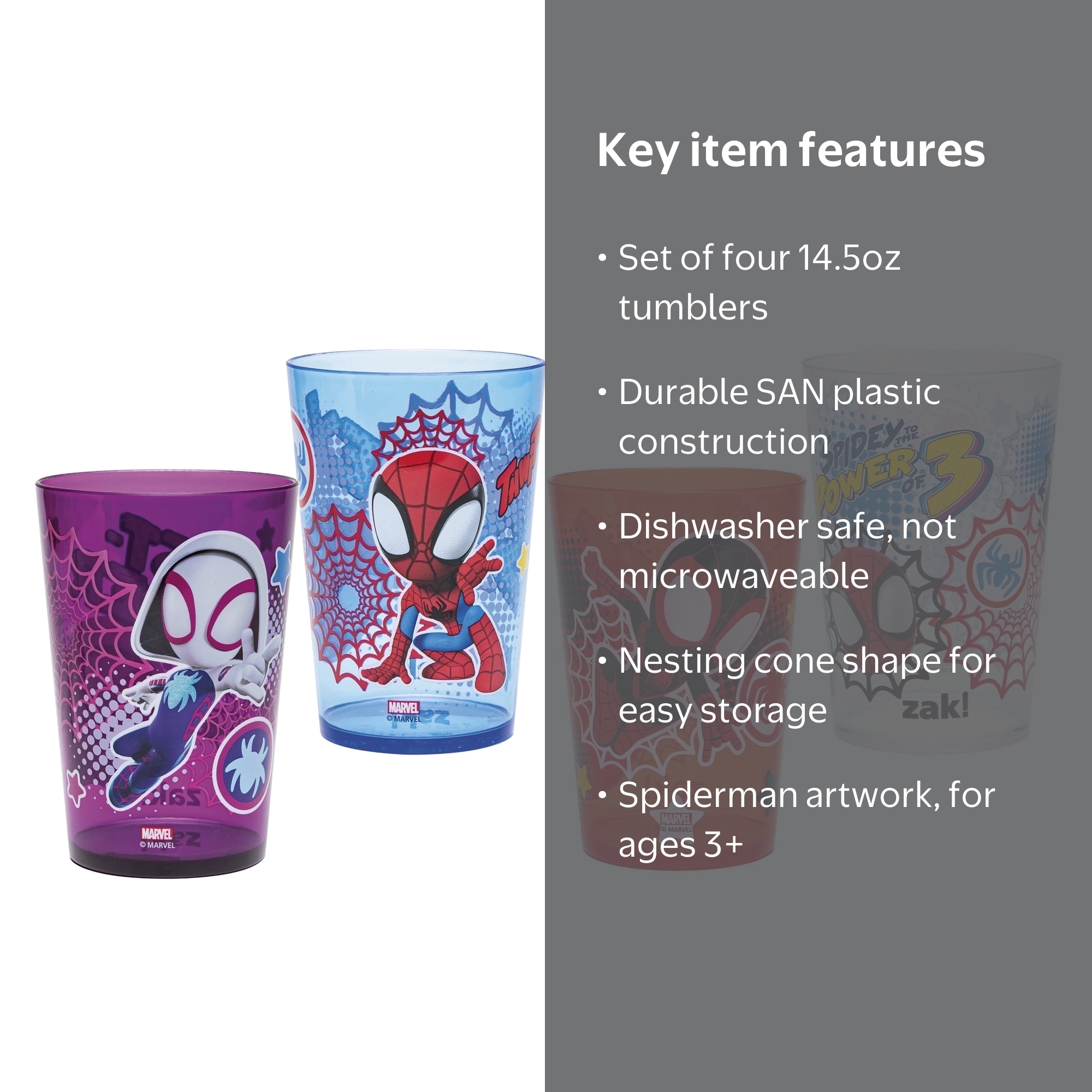 Zak Designs Spiderman Kids 4-Piece 14.5 oz Tumbler Set Durable