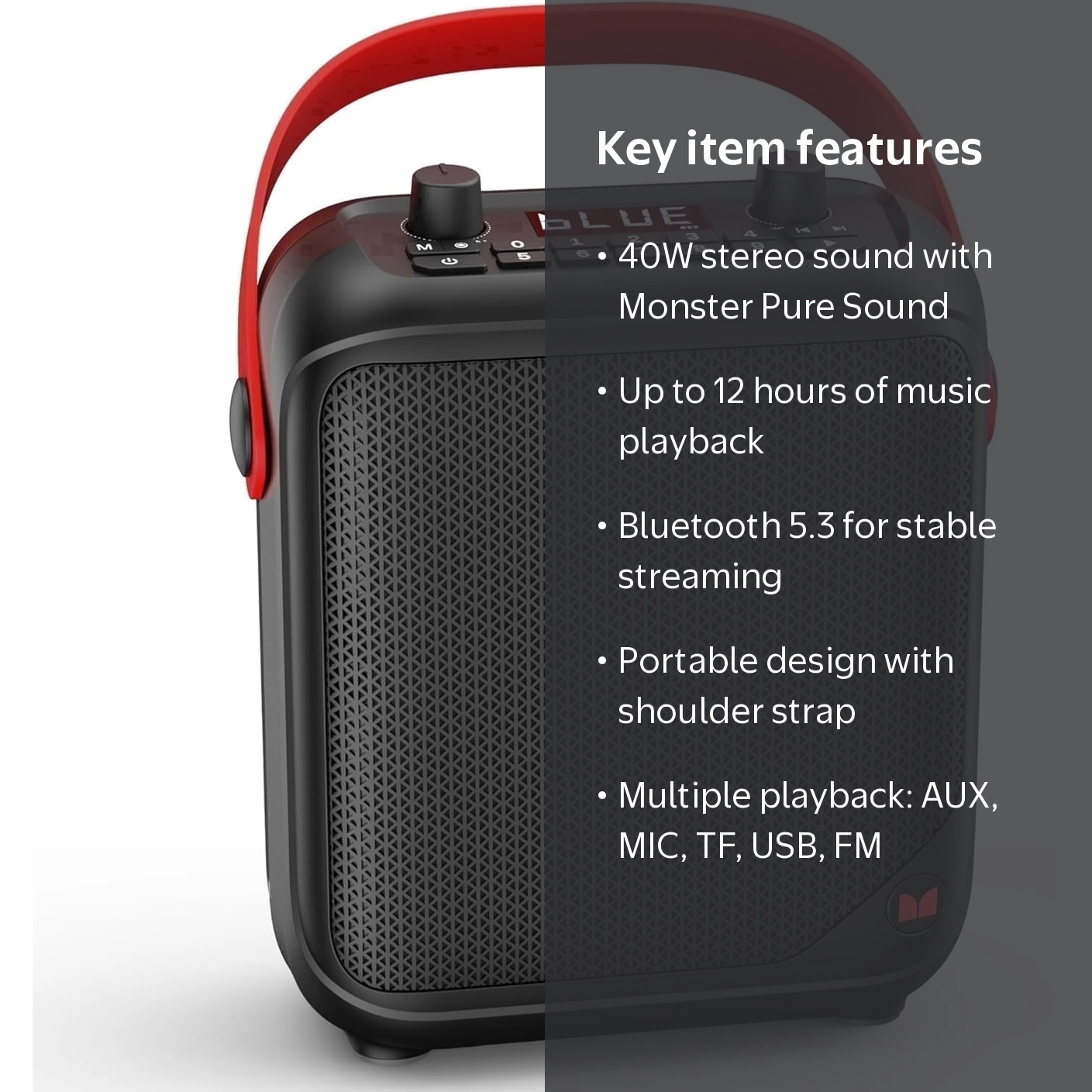 Monster, Portable Bluetooth Speaker, 40W, Black with Handle Design
