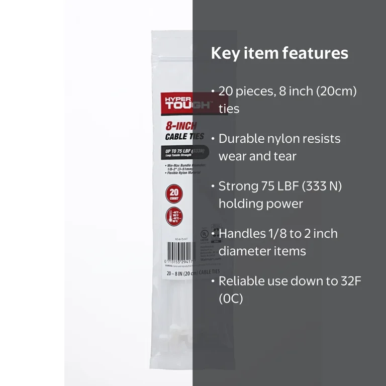 Hyper Tough Cable Ties 8 Inch Natural 20Pcs Durable Nylon