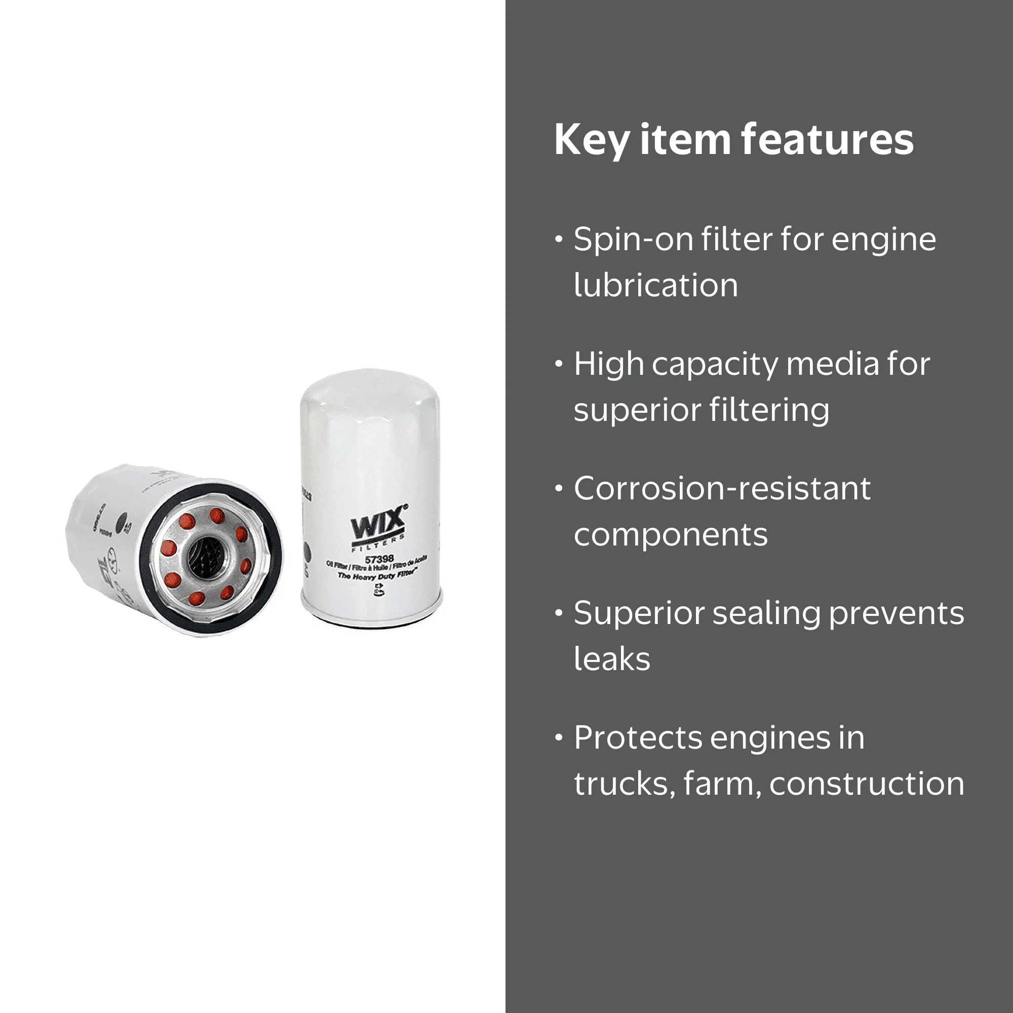 WIX Engine Farm Spin-On Lube Oil Filter 57398 for Heavy Trucks and