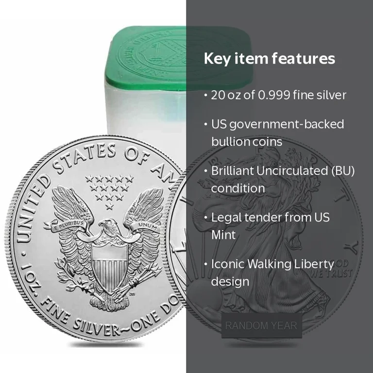 U.S. Mint Silver American Eagle Coins, 1 oz, BU, Roll of 20