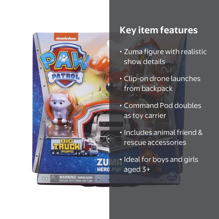 PAW Patrol, Big Truck Pups Zuma Action Figure with Clip-on Rescue