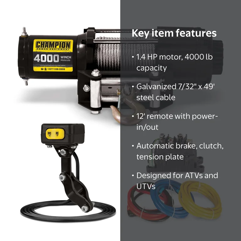 電動ウインチ 4000lb ATV UTV用 Champion 14001 4000-lb. ATV/UTV Winch Kit with remote - Walmart.com