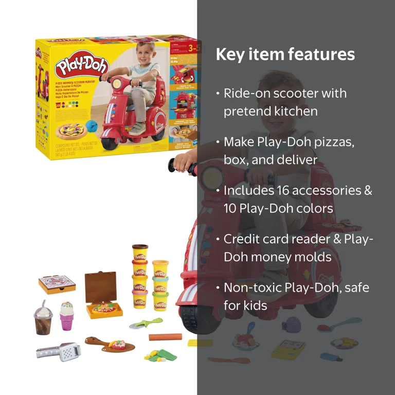 Play-Doh Pizza Delivery Scooter Playset, Ride-On Toys for Ages 3-5