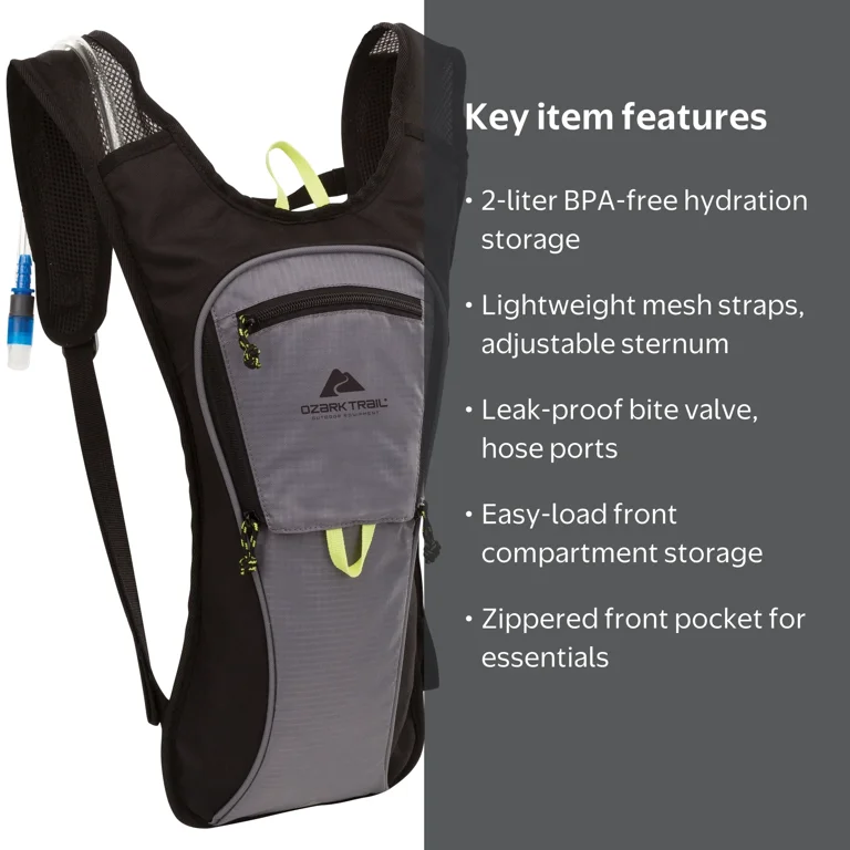 Ozark Trail 2L Pearson Creek Hydration Pack, Black and Gray