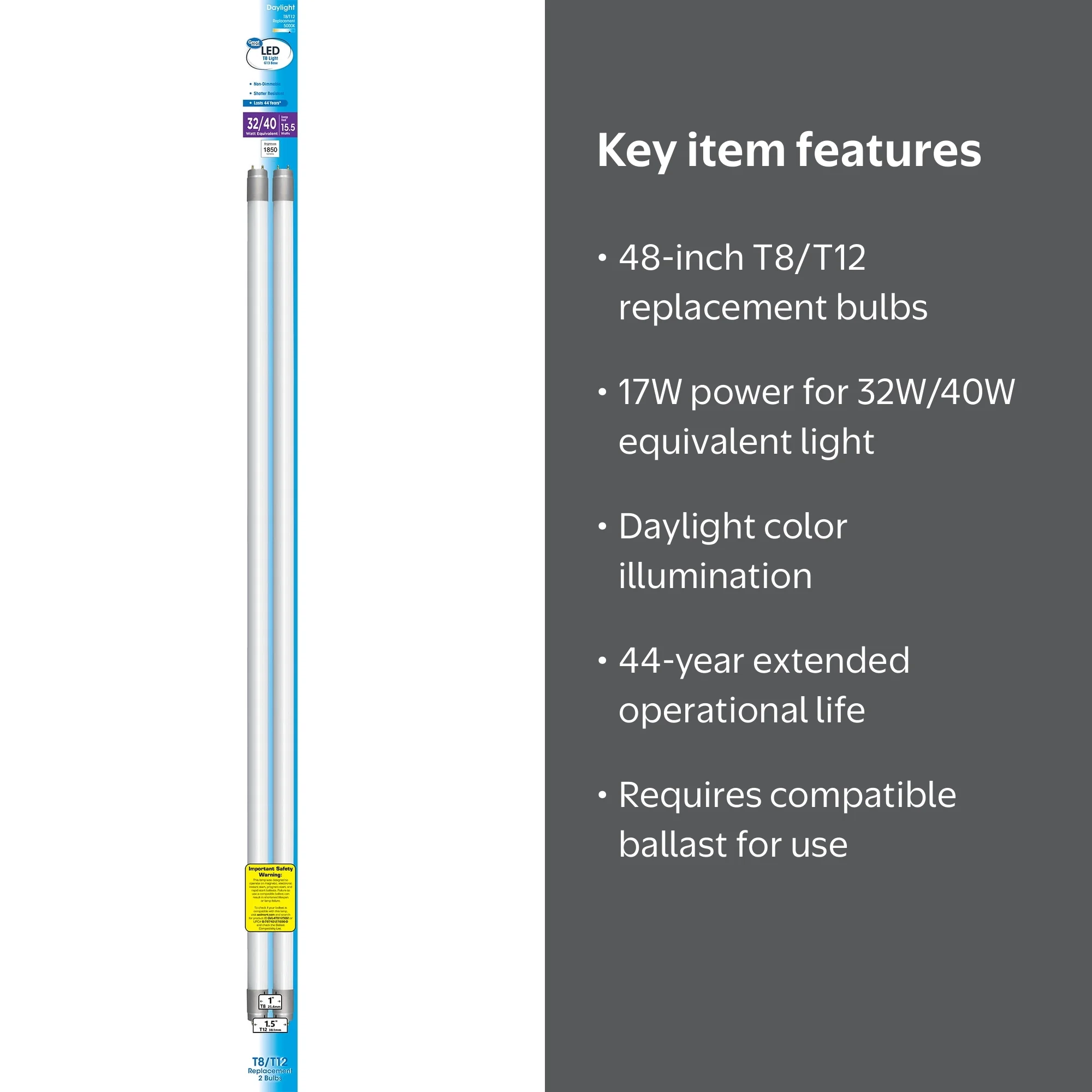 Great Value LED Tube, 17W Daylight T8/T12 Replacement Lamp, 48