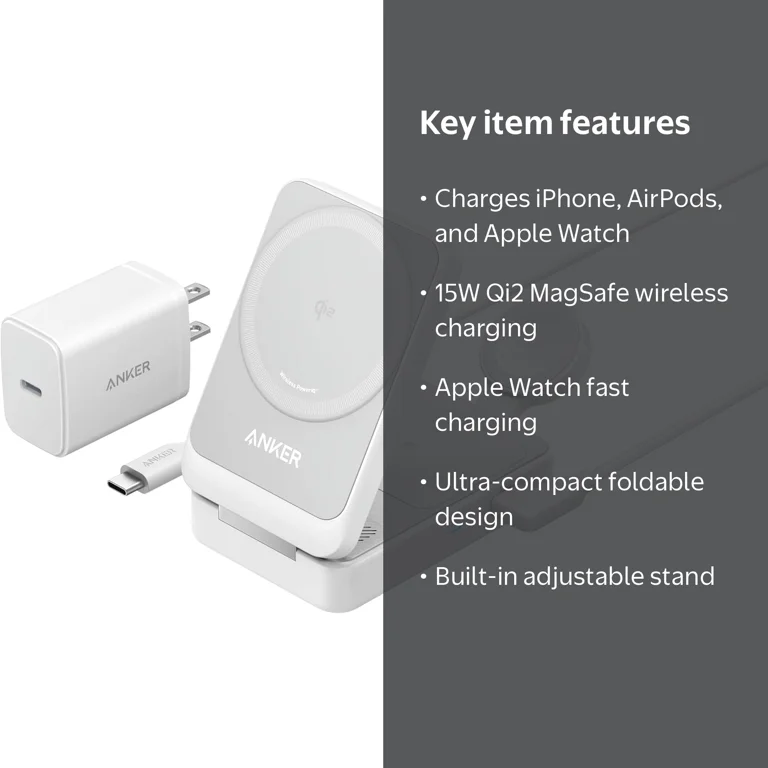 Anker MagGo 3-in-1 MagSafe Wireless Charger Stand, Qi2 15W, for