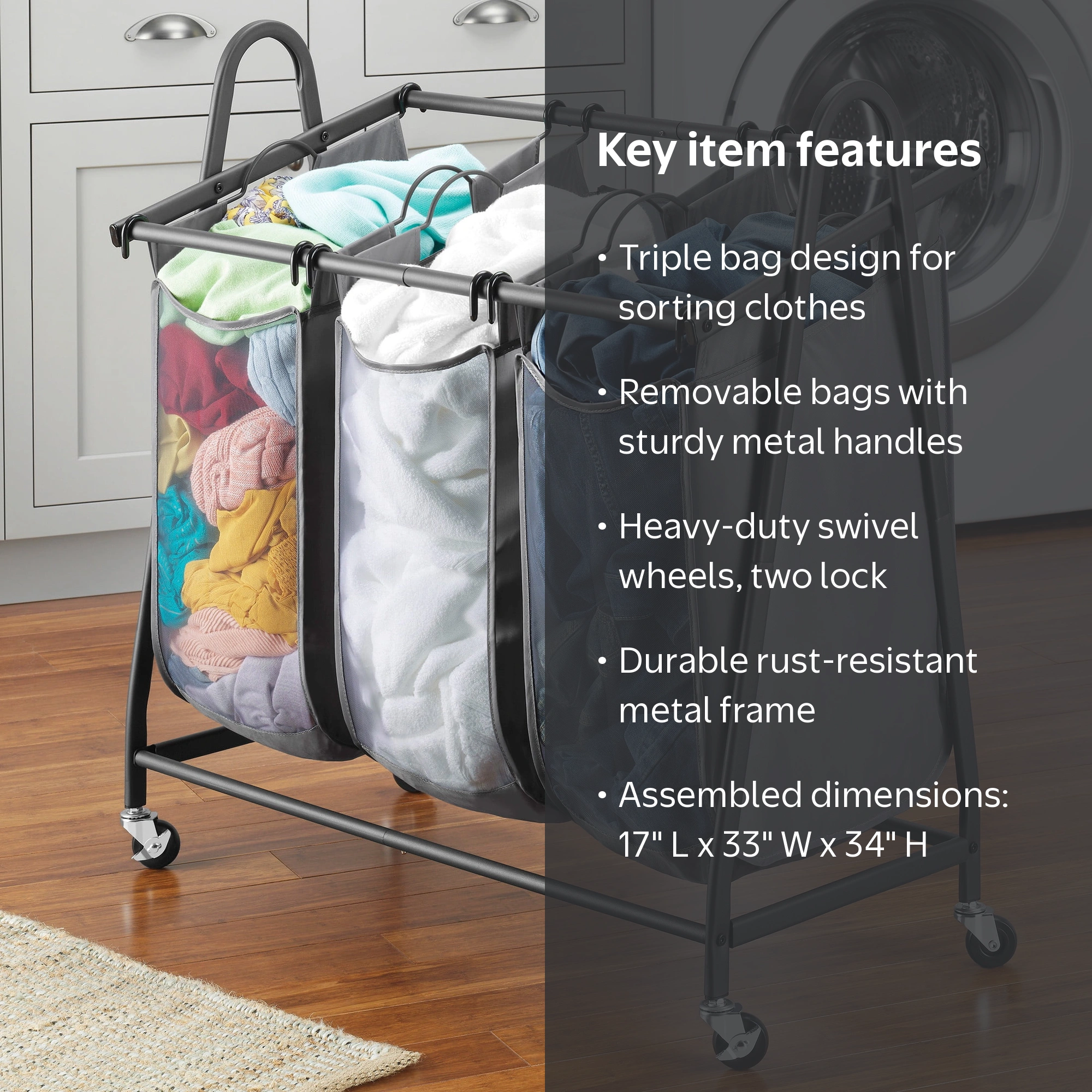 ◆ハンガー&衣類カバー◆3点◆56×97cm◆D-2510WE1◆ Whitmor Arch Triple Bag Laundry Sorter - Gray - 17
