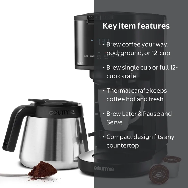 Gourmia, Coffee Maker, 2-in-1 Single Serve and 12 Cup, Black