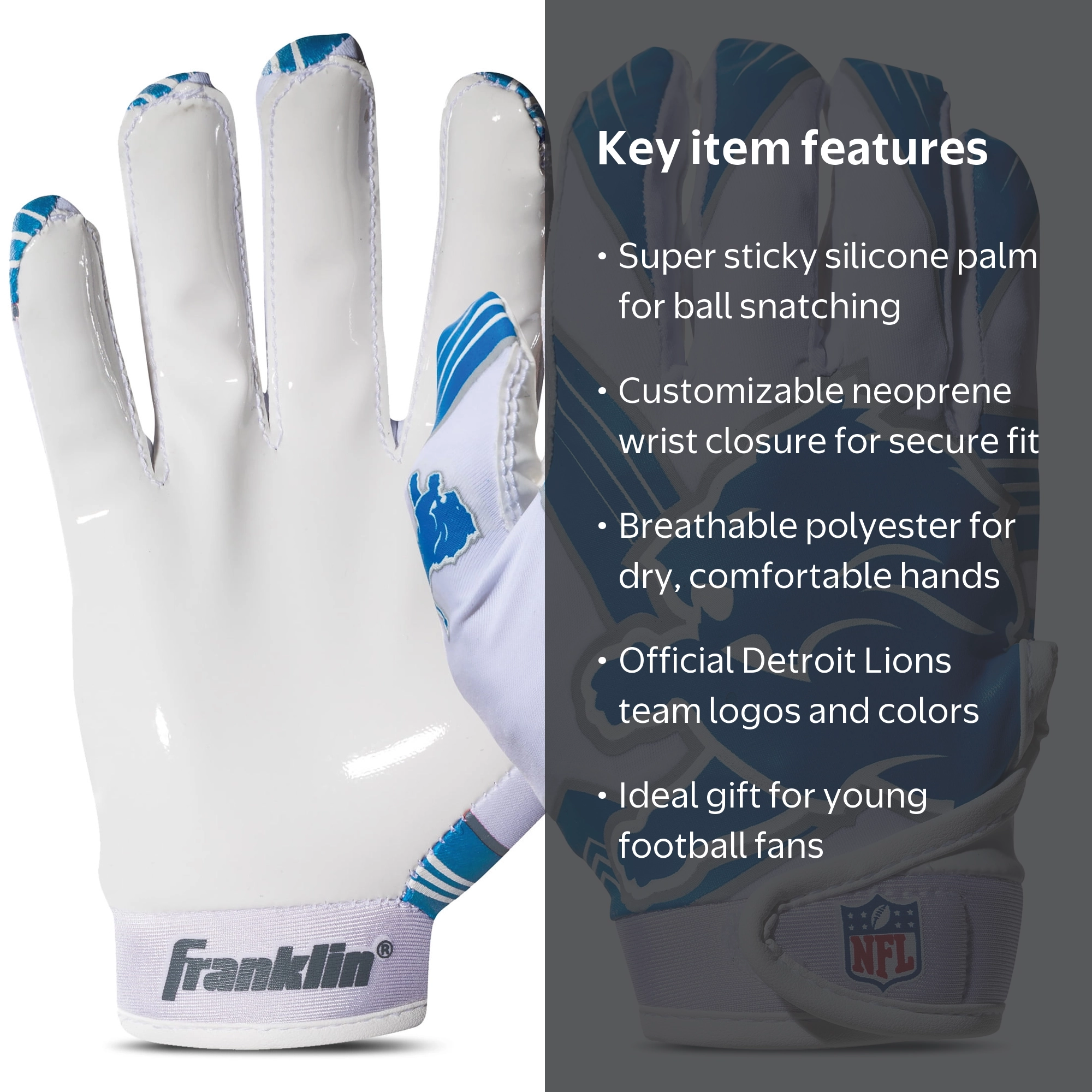 アメフト グローブ Detroit Franklin Sports NFL Detroit Lions Football Receiver Gloves - Youth