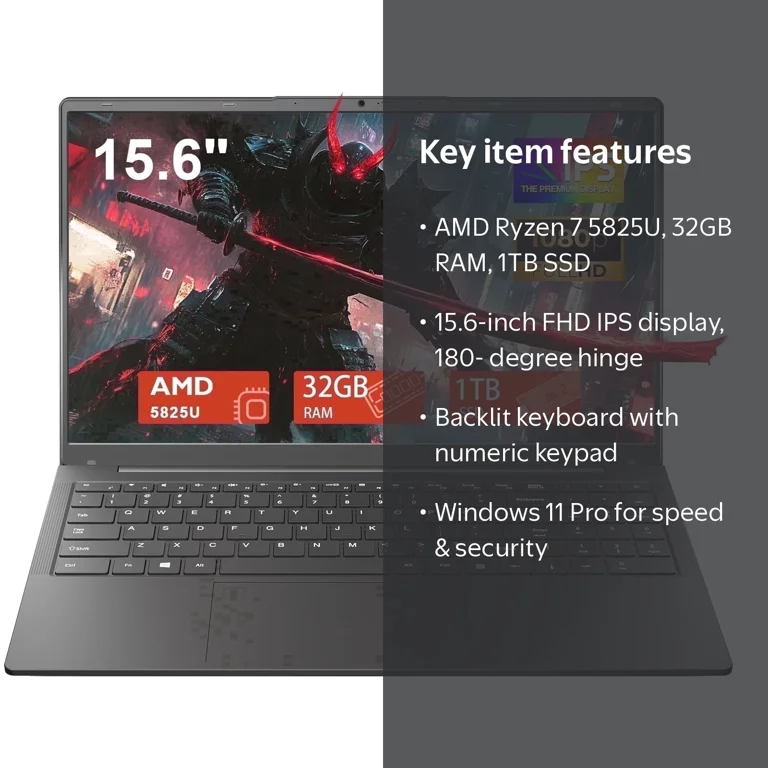 KurieTim, Gaming Laptop, 15.6 Inch, Ryzen 7 5825U, 32GB RAM