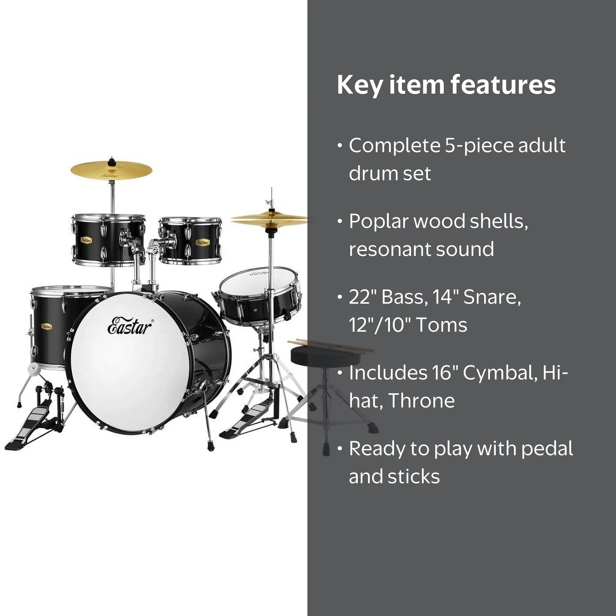 Eastar 5 Piece Full Acoustic Drum Set: Percussion Instrument