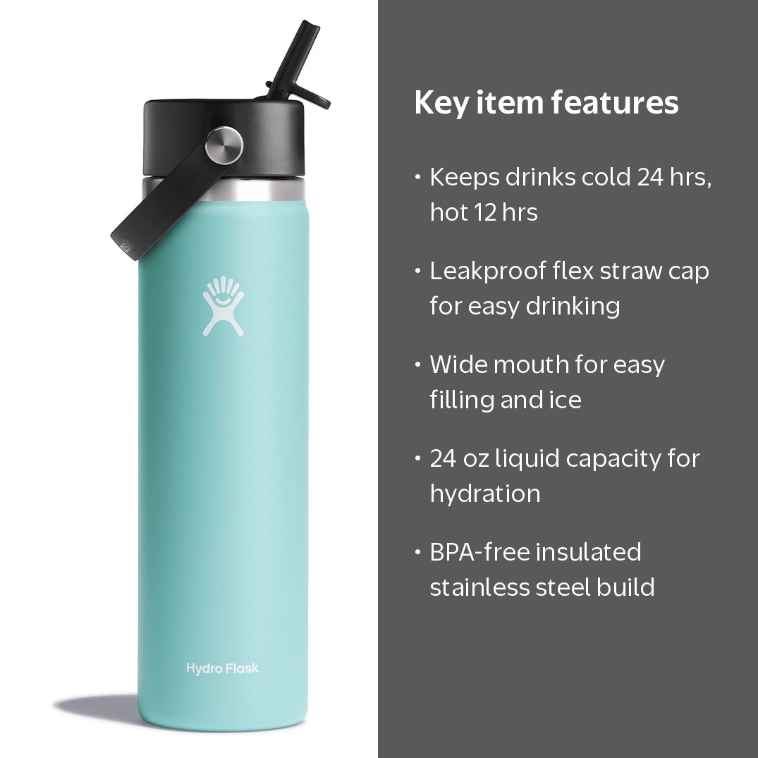HYDRO FLASK 24 oz Insulated Water Bottle, Wide Mouth, Straw Lid