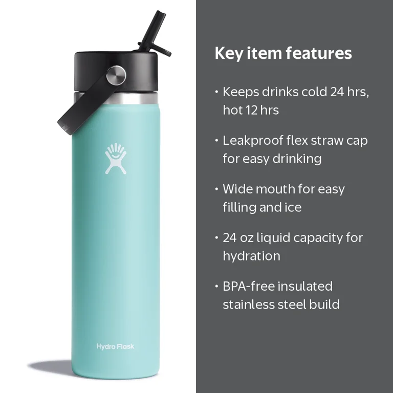 HYDRO FLASK 24 oz Insulated Water Bottle, Wide Mouth, Straw Lid