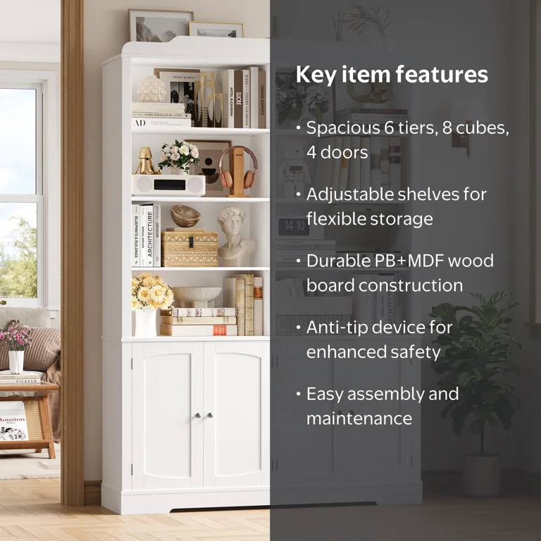 Homfa 73'' Tall Bookcase with 4 Doors, 6-Tier 8 Cubes Display