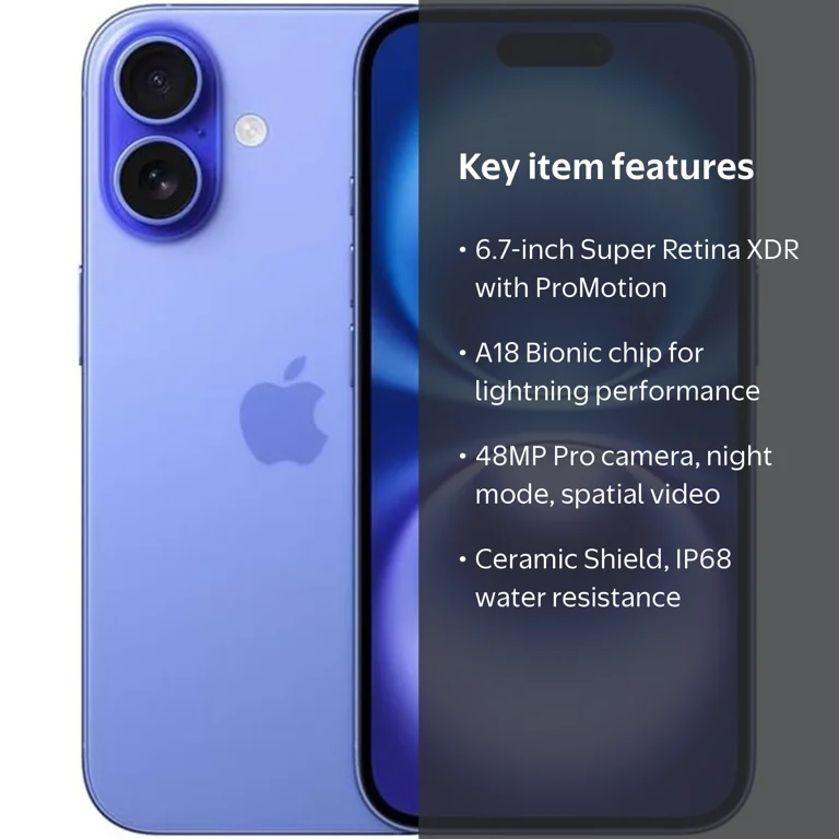 Apple iPhone 16, Carrier Unlocked, 128GB Ultramarine, Refurbished