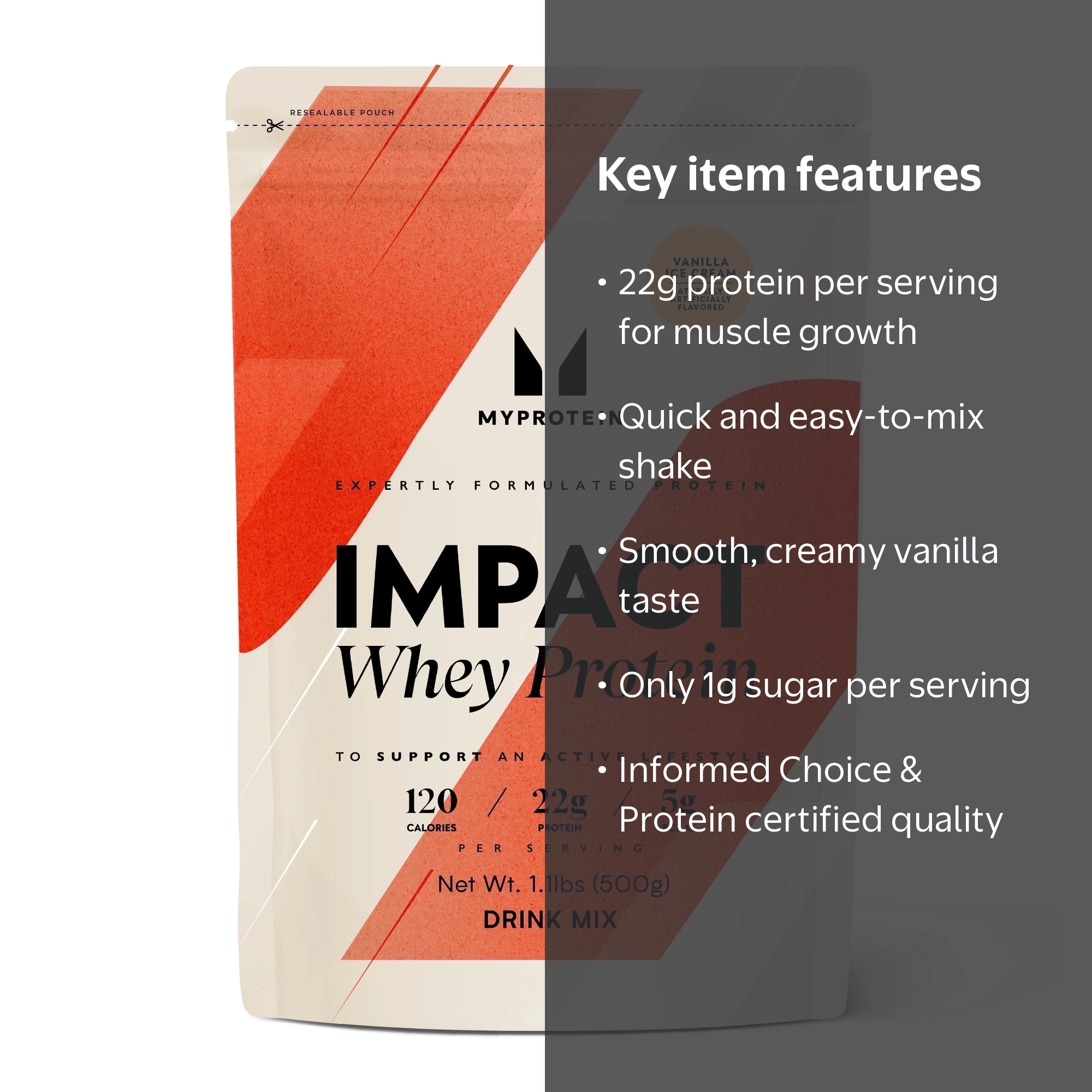 Myprotein Impact Whey Protein Powder, Vanilla, 22g Protein, 16