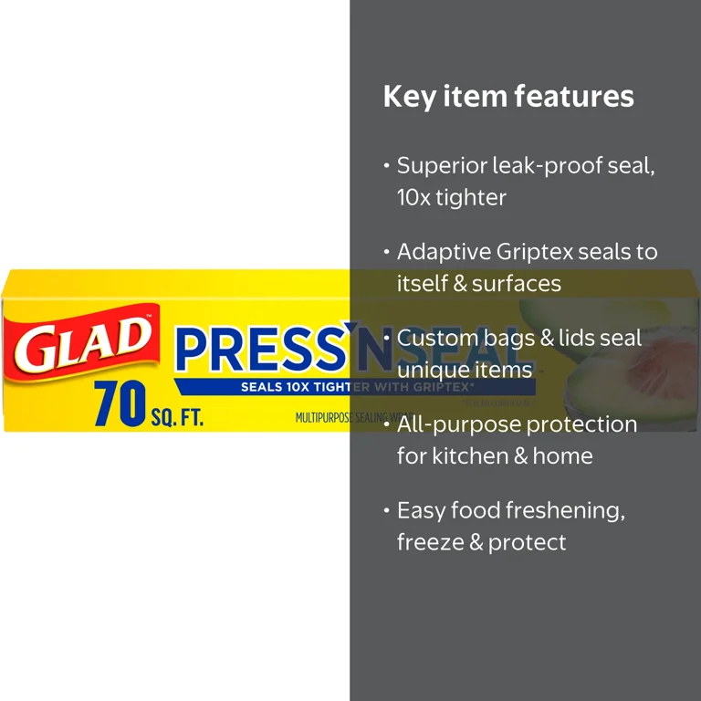 Glad Press'n Seal Plastic Food Wrap, 70 Sq Ft with Griptex
