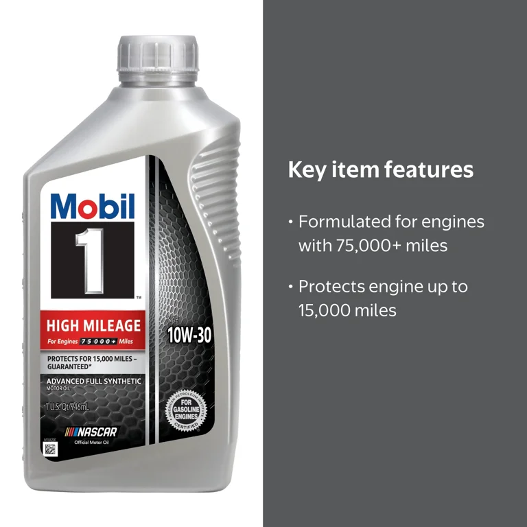 Mobil 1, High Mileage Full Synthetic Motor Oil, 10W-30, 1 Quart