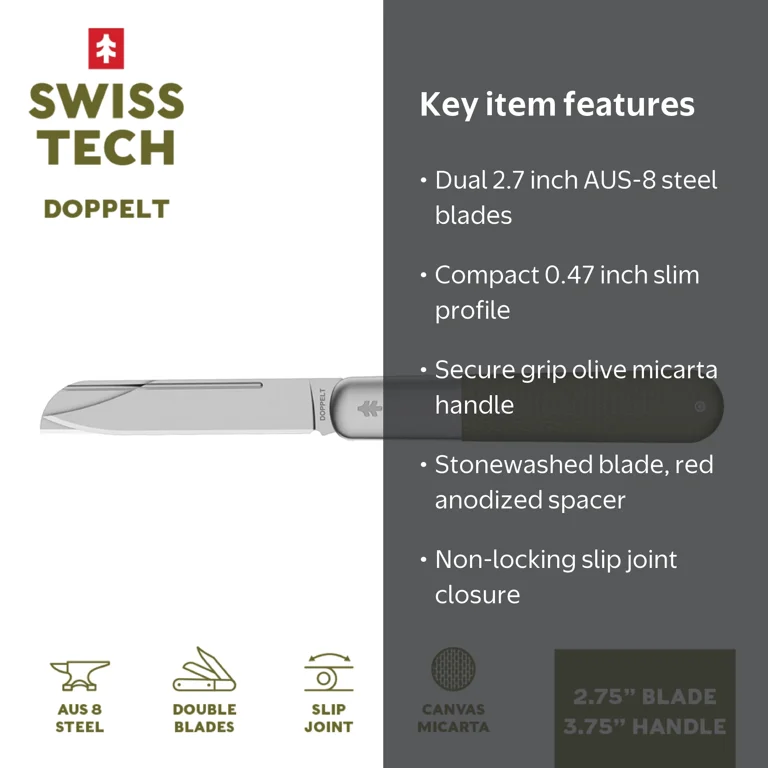 Swiss Tech Doppelt Folding Knife, Dual AUS-8 Steel Clip Point and